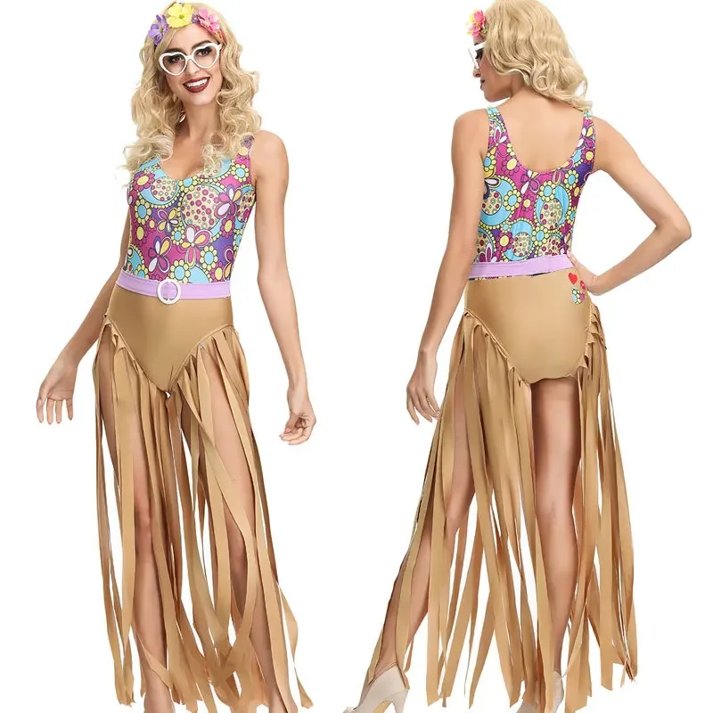 

Retro 70s European And American Disco Hippie Costume Halloween Cosplay Women Sexy Hip Hop Dancer Tassel Jumpsuit Costume