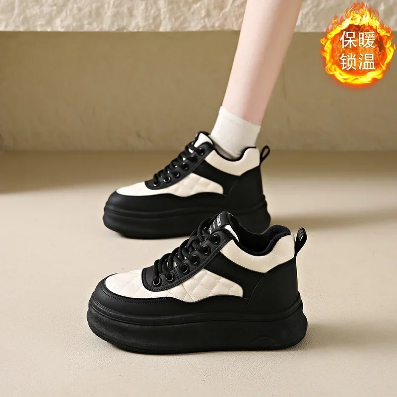 Platform Sneakers Women  Round Head Flat Autumn Winter New Lace Up Color Matching Jean Shoes for Women Warm Vulcanized Shoes