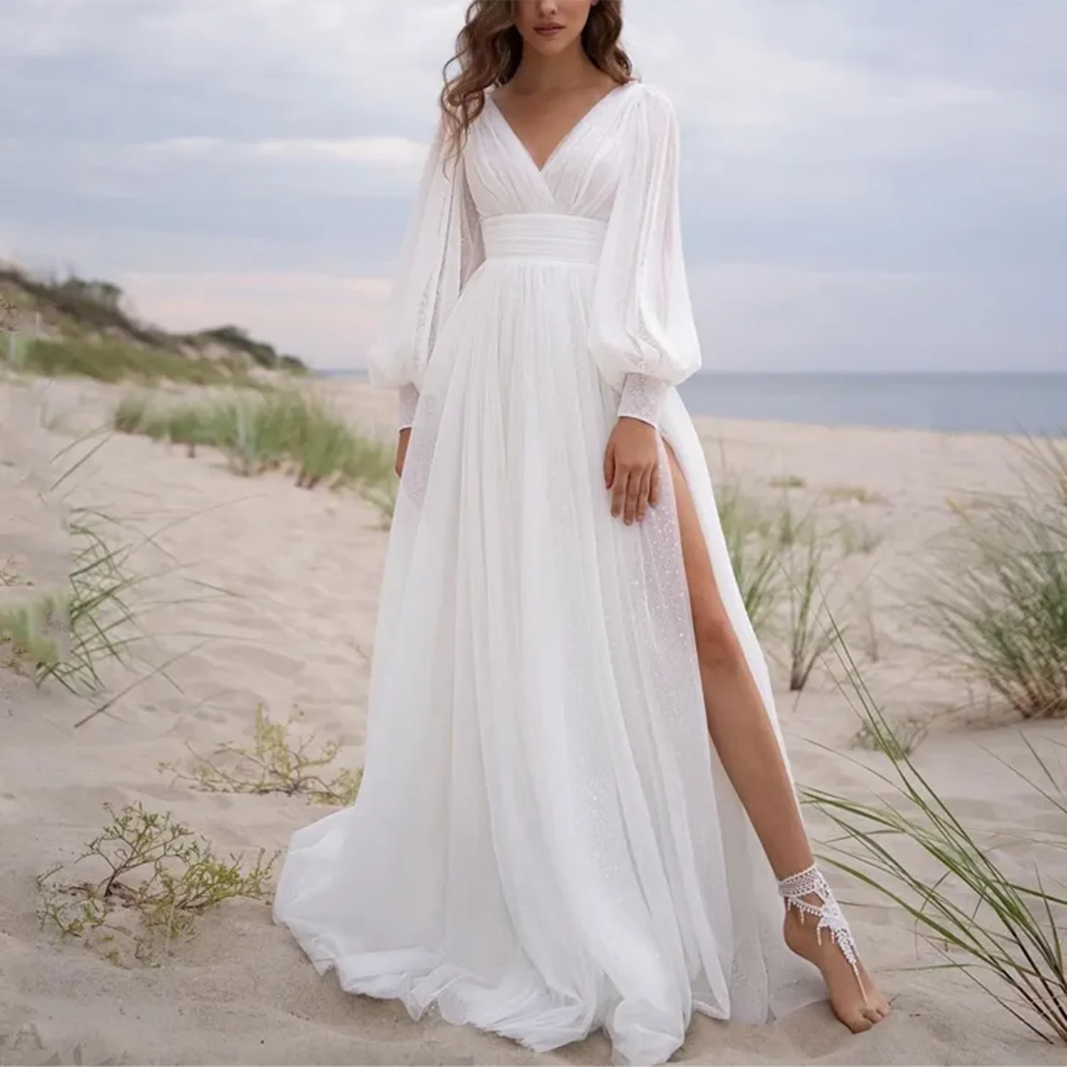 High-end Chiffon Wedding Dresses A-Line V-Neck Long Sleeve Tea-Length Wedding Dresses For Wedding Bridesmaid Birthday Holiday