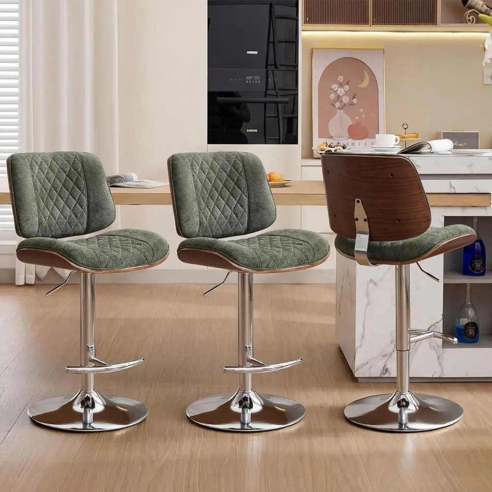 

Set of 3 Adjustable Height Swivel Bar Stools with Backrest, Chenille Upholstered Kitchen Island Chairs, Green