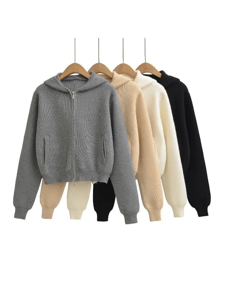 

Korobov French Style Casual Loose All Match Hooded Zipper Pockets Solid Patchwork Knitted Cardigan