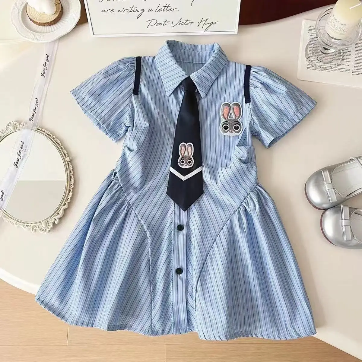 

Summer New Girls Striped Short Sleeved Dress Girls Slim Fit Shirt Collar Children's Skirt