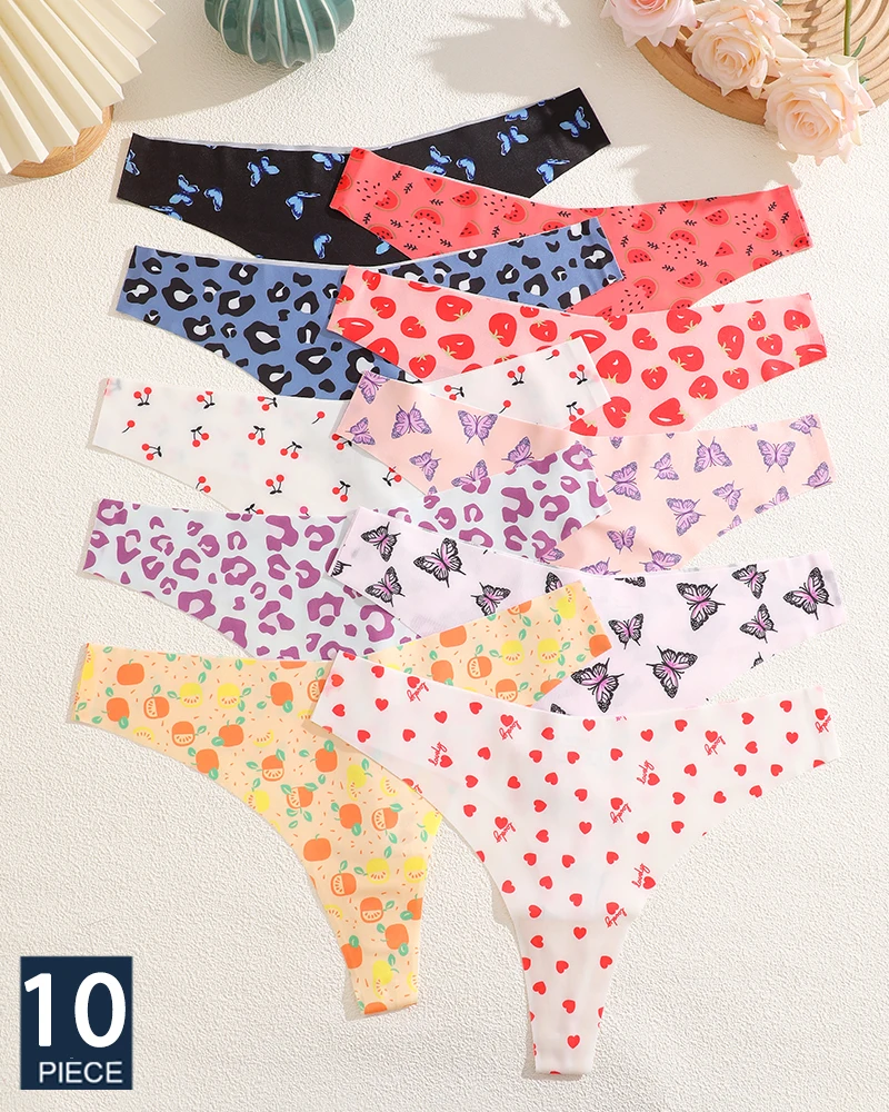 FINETOO 10 Stück nahtlose Tanga, ultraweiche Unterwäsche für Frauen, sexy Grafikdruck, weiblich, Stretch, Leopardenmuster, G-Strings, Komfort-Dessous