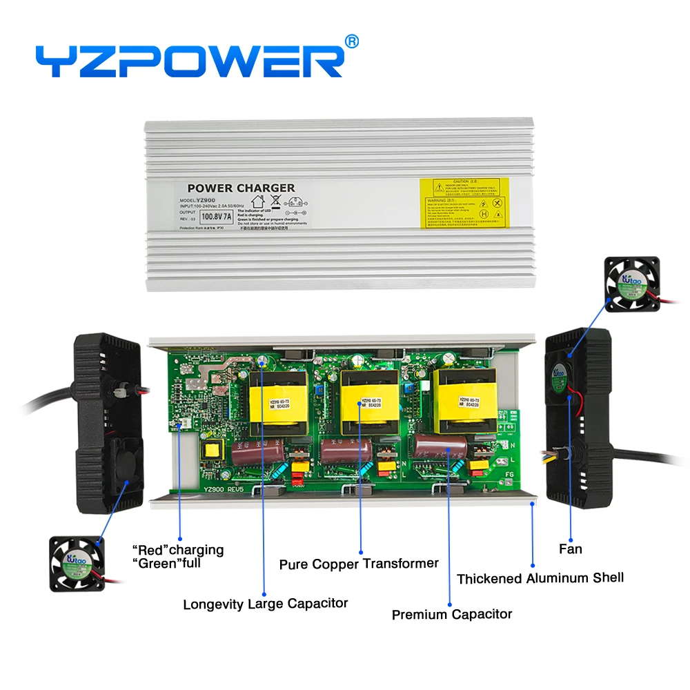 YZPOWER 100.8V 7A Pin Sạc Dành Cho Ebike Đa Năng E-Dụng Cụ Sạc Nhanh Chất Lượng Cao Với Quạt Làm Mát