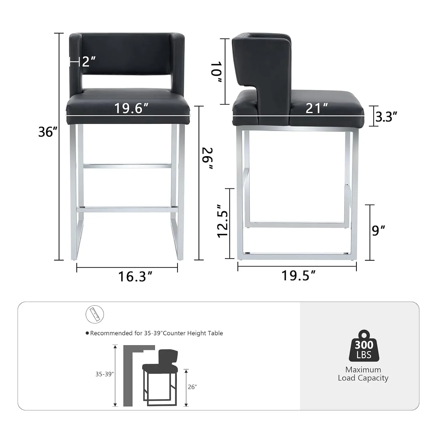26in Counter Bar Stools Set of 4 Leather Cushion Back Metal Leg Kitchen Island Dining Office Black Silver, Customized