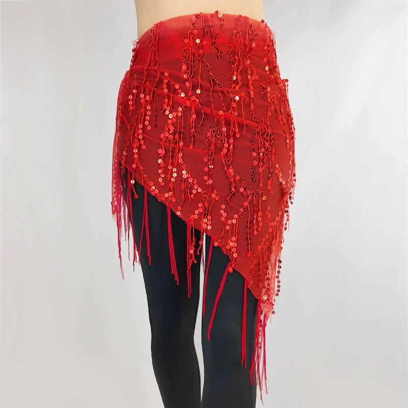 Bauchtanz-Hüfttuch mit Goldpailletten und Quasten, Dreieckiger Rock, Wickelgürtel für Festival, Rave-Party, Nachtclub-Auftritte, Kostüm für Frauen – Detail 4