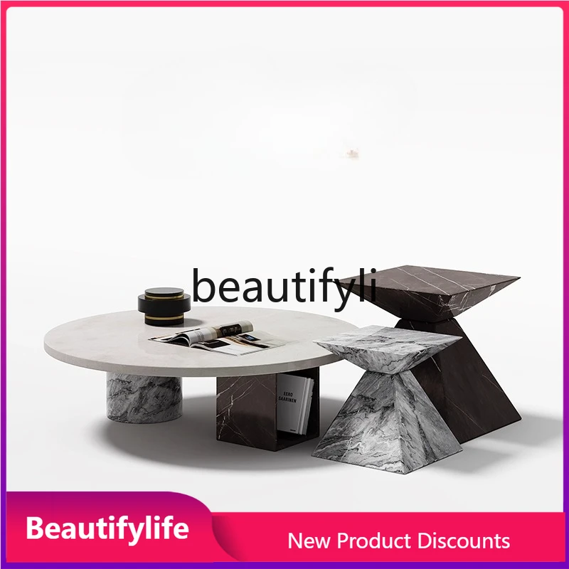 

B6 Natural Marble Round Small Coffee Table with Storage, Italian Minimalist Nordic Style, Unique Round Table