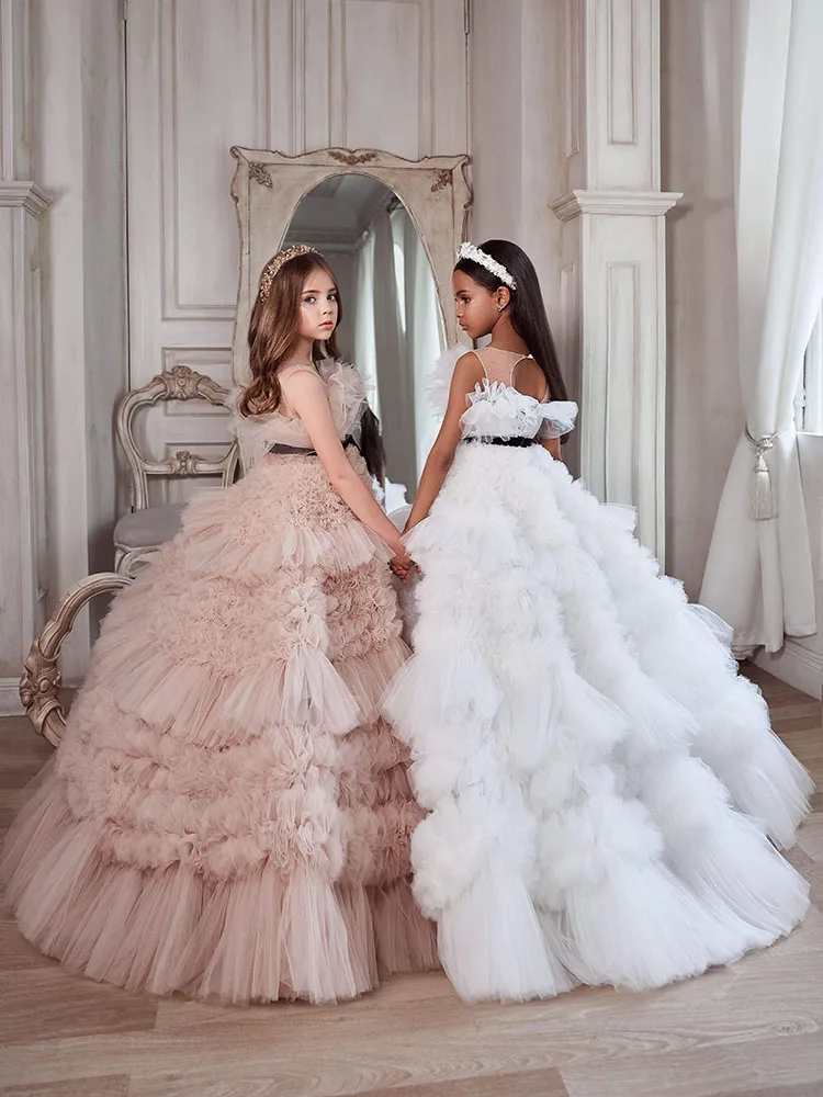 Ruffles a-line Princess Flower Girl comunione Ball Gown Dress bambini ragazze prima comunione Dress Prom Costumes Grace