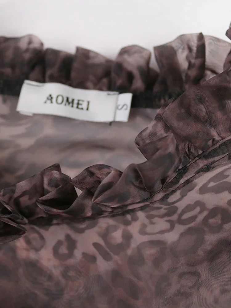 AOMEI Transparent Leopard Blouse Tops Shirt Long Sleeve Sexy See Through Office Ladies Elegant 2024 New Fashion Lady Bluas