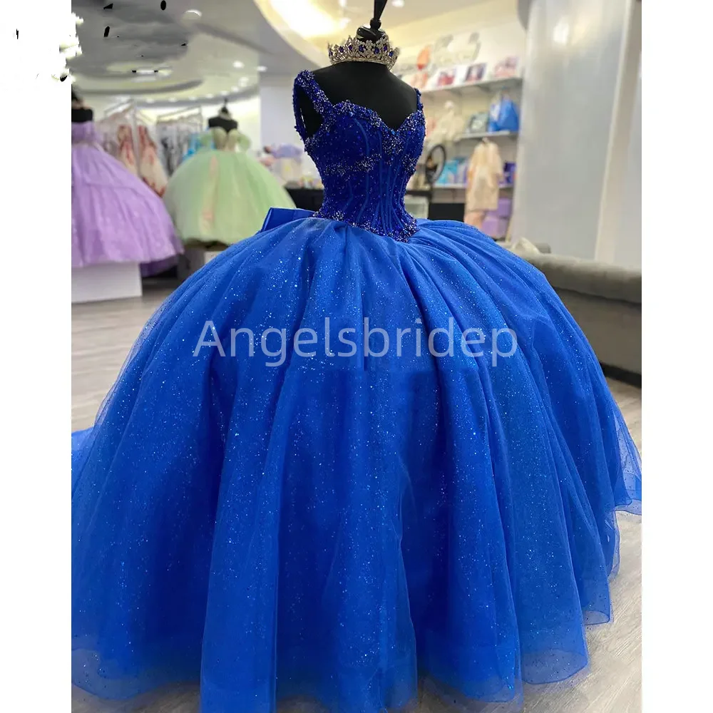 

Angelsbride Royal Blue Crystal Beading Ball Gown Quinceanera Dresses Spaghetti Strap Bow Corset Vestidos De 15 Años