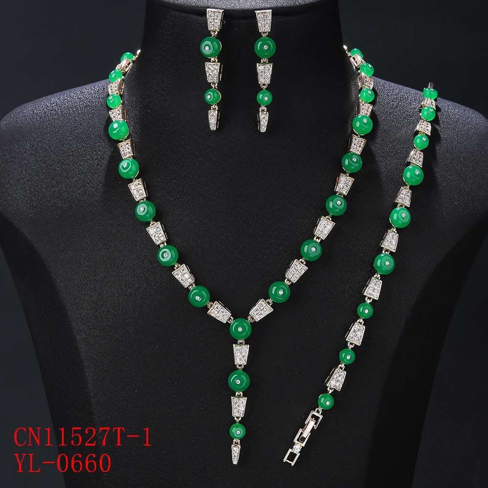Fashion 3 PCS Cubic Zirconia Imitation Chalcedony Necklace Earrings Bracelet set Women Party Jewelry Costume Accessories CN11527