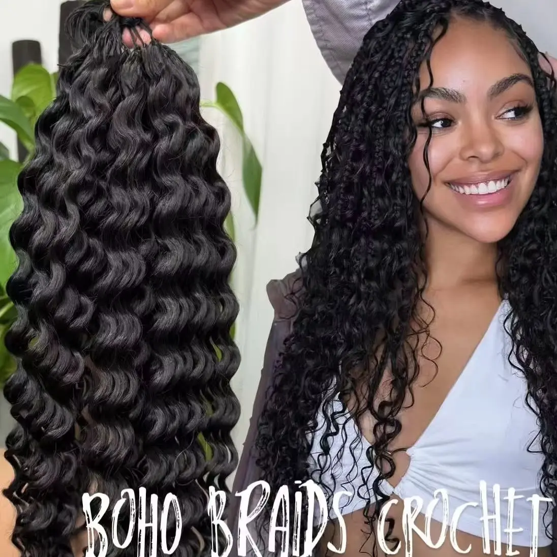 

NABI Вязаные крючком человеческие волосы Глубокая волна Массовые косы в стиле бохо Невидимые вязанные крючком человеческие волосы без узлов 100 г/шт.