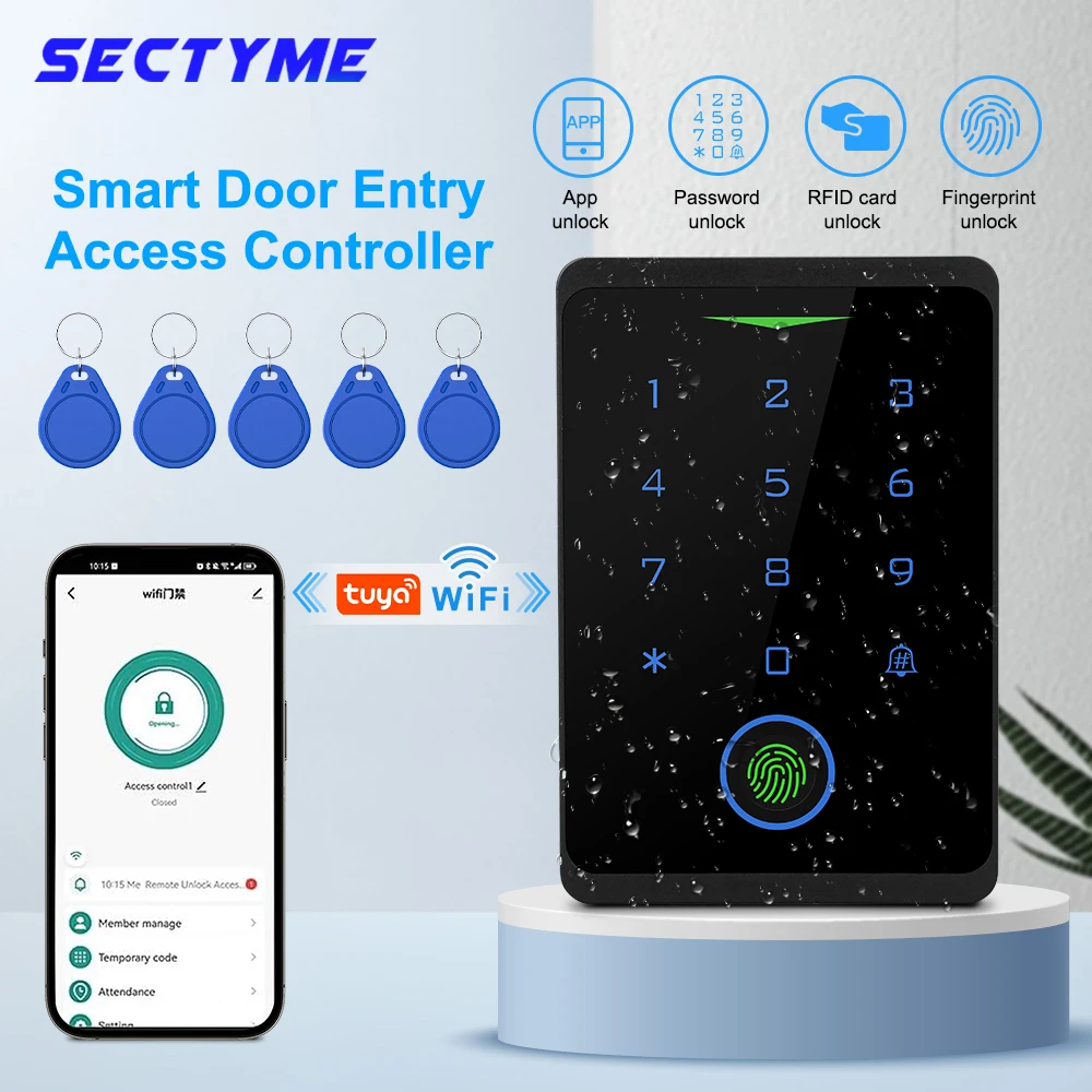 Sectyme Tuya WIFI Access Control Waterproof Fingerprint Standalone Keypad Smart Life Remote Unlock EM RFID Card Door Entry