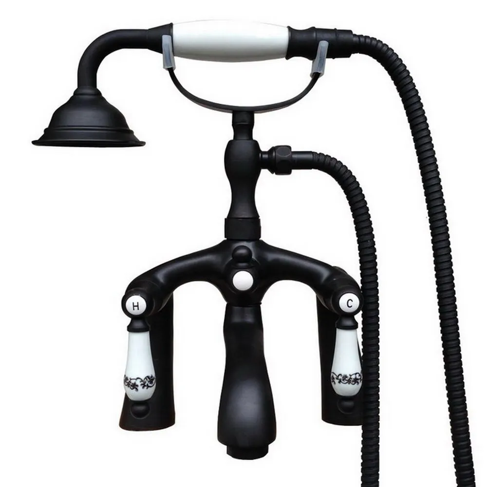 

Black Oil Rubbed Brass Deck Mounted Bathroom Bathtub Faucet + Telephone Style Handheld Shower + Ceramic Handles Mixer Tap ttf512