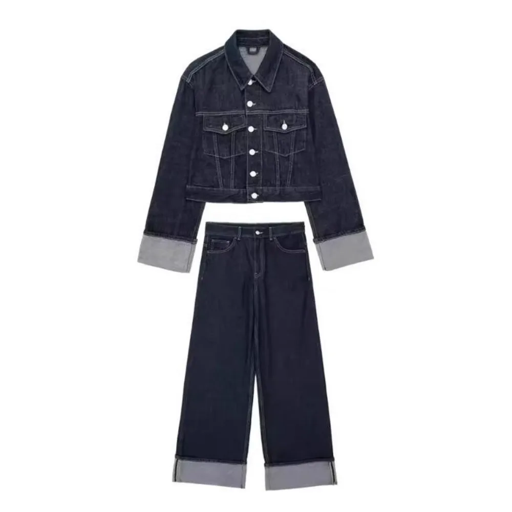 

Модный весенне-осенний комплект из двух предметов, женская джинсовая куртка, однобортное джинсовое пальто, широкие брюки, уличная одежда, комплекты брюк