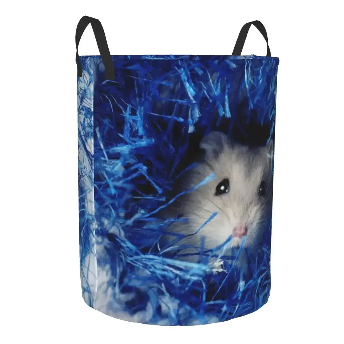 Cute Hamster Hiding In Blue Wool Laundry Basket Foldable Kawaii Pet Rodent Clothes Hamper for Nursery Kids Toys Storage Bin