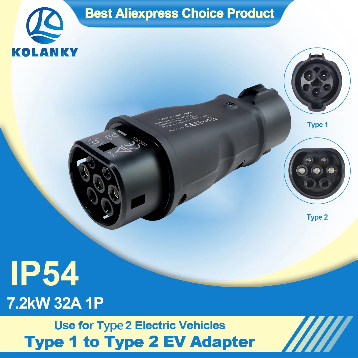 Type1 to Type2 EV Charger Adapter 32A 7.2kw EV Charger Connector SAE J1772 Socket Type 1 To Type 2 Adapter Charger Adapter