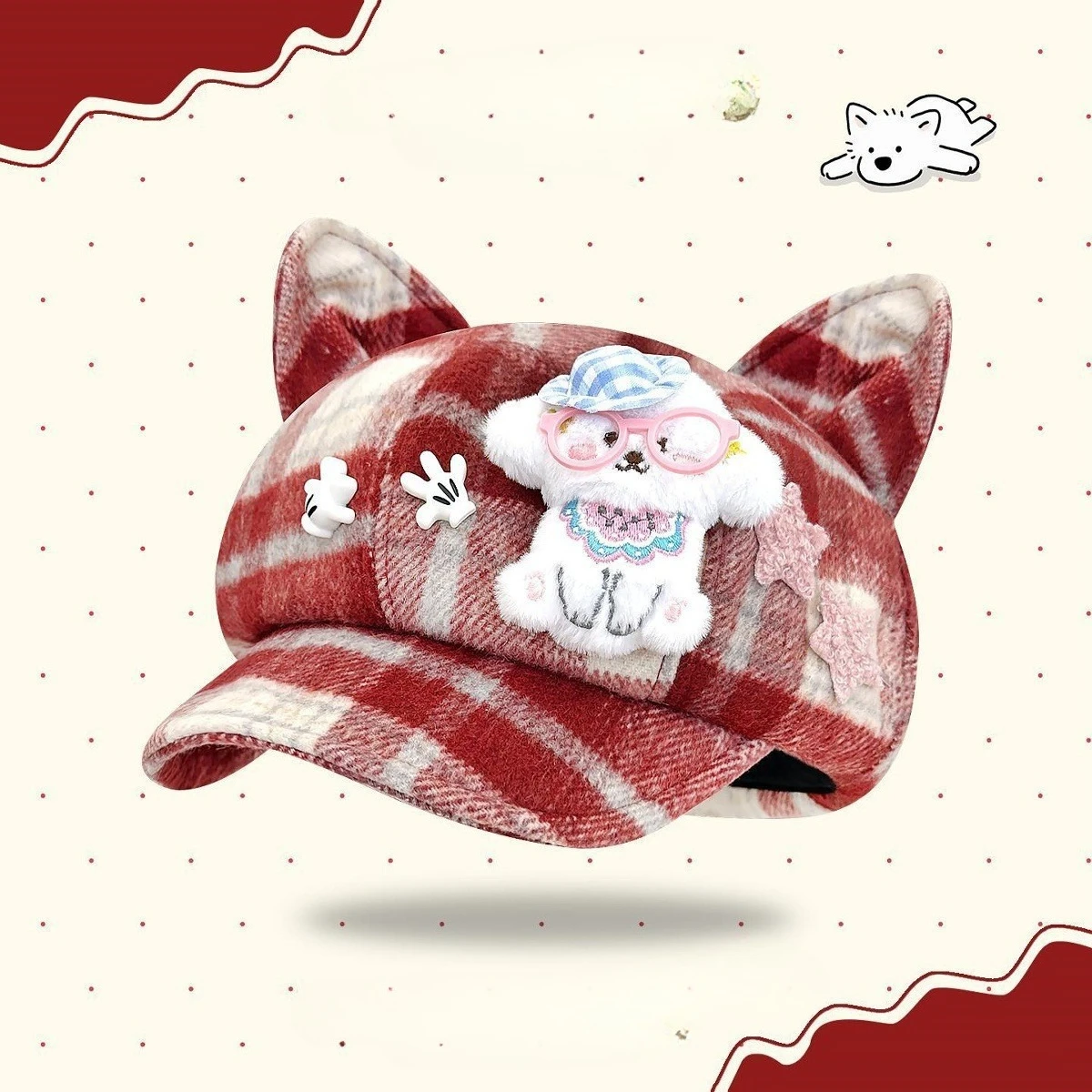 Women Y2K Plaid Octagonal Newsboy Hat Cute Plush Dog Doll Decor Vintage Japanese Style Casual Cap For Autumn Winter Street Party