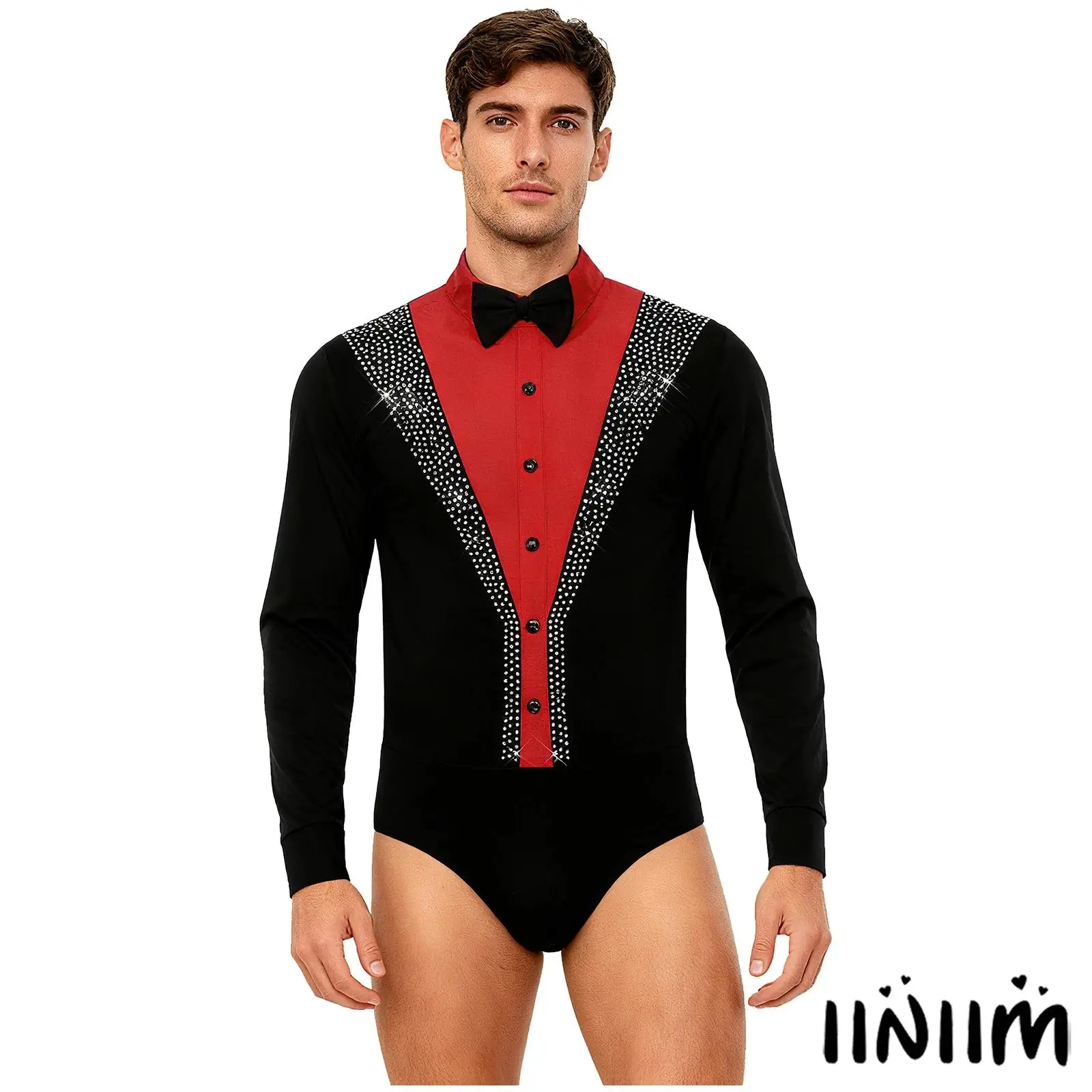 

Mens Ballet Latin Dance Costume Shiny Contrast Color Long Sleeve Latin Leotard with Bowtie Chacha Rumba Salsa Tango Bodysuit