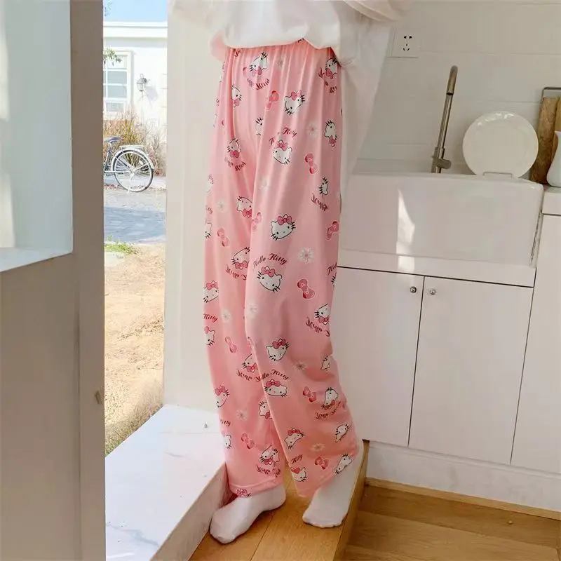 Cartoon Hello Kitty Pajamas Trousers Comfortable Cotton Home Trousers Soft Y2K Women\'S Trousers Loose And Cute Straight Trousers