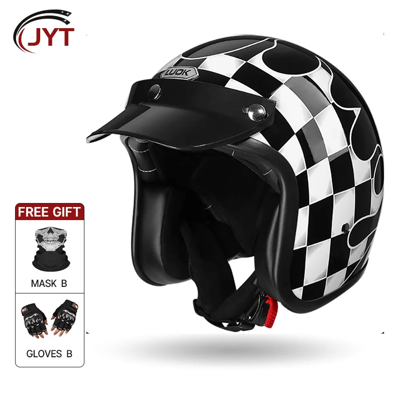 

American Fire Style Retro Black and White Lattice Motorcycle 3/4 Half Helmet Men's and Women's for Cruiser Scooter DOT Certified