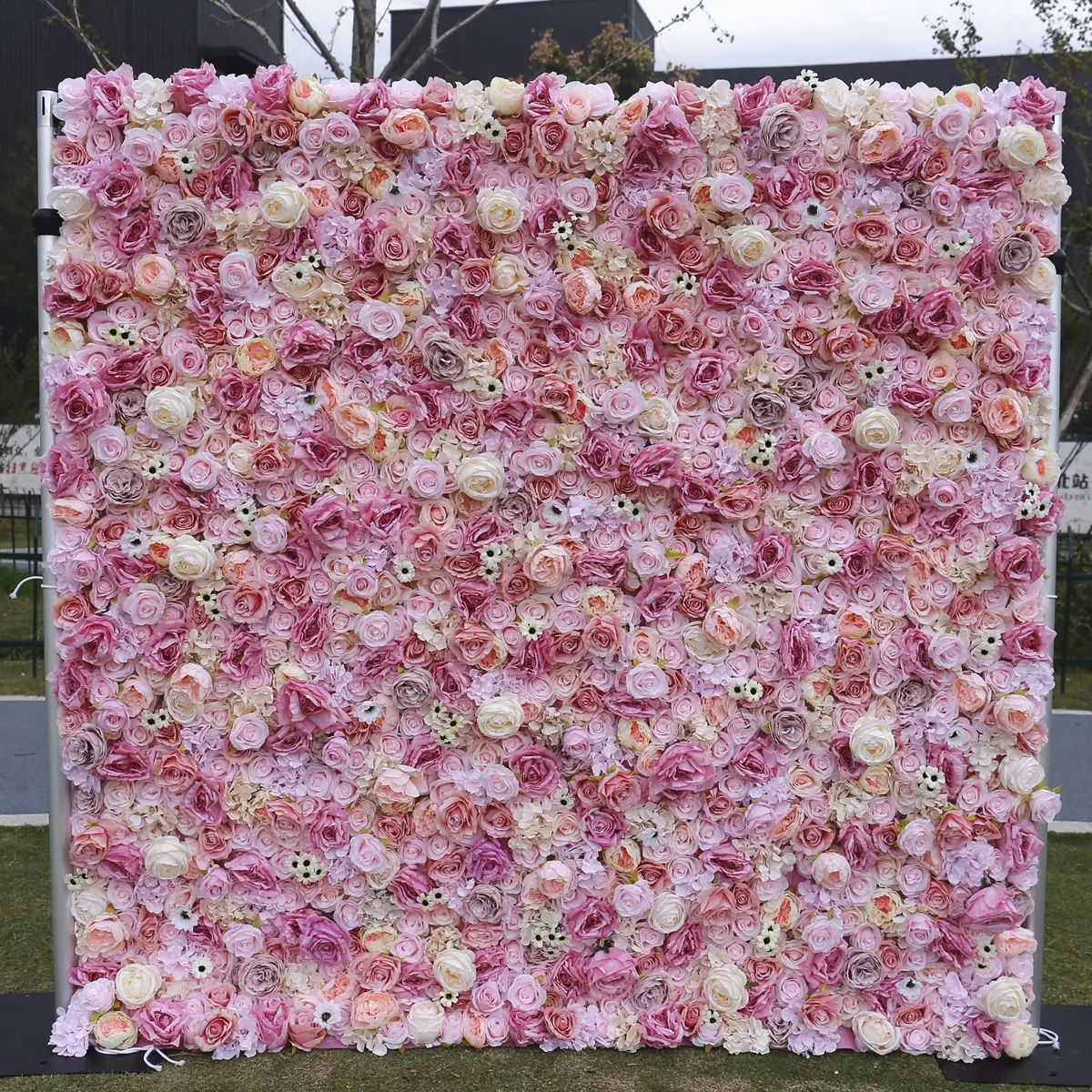 3D Light pink series yellow rose Outdoor Wedding Backdrop Decor Rose Rolling Up Curtain Fabric Cloth Flower Wall Party Event