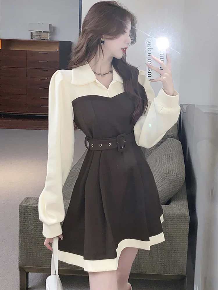 2025 Korean Elegant Party Women Fashion Patchwork Fake Two Piece Mini Dress Autumn Winter Bodycon Bandage Casual Dress