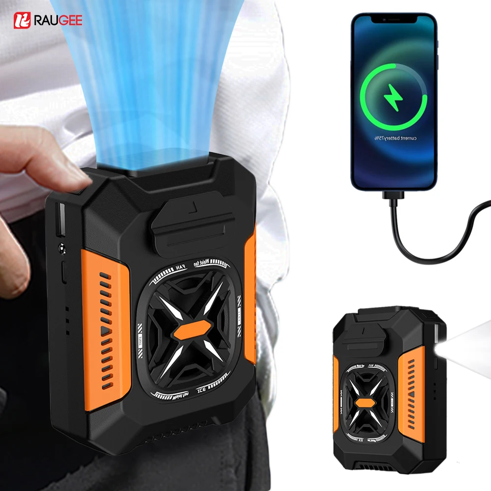 مروحة خصر محمولة بقدرة 5000 مللي أمبير في الساعة تبريد F مع بنك طاقة وامض USB قابلة لإعادة الشحن للسفر في الهواء الطلق والمكتب والمشي لمسافات طويلة والتخييم