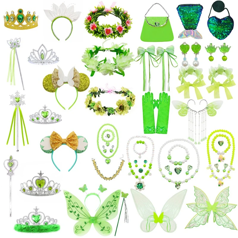 

Halloween Party Green Princess Dress Accessories Elf Tinker Bell Accessories Wings, Tiana Headband Wreath Magic