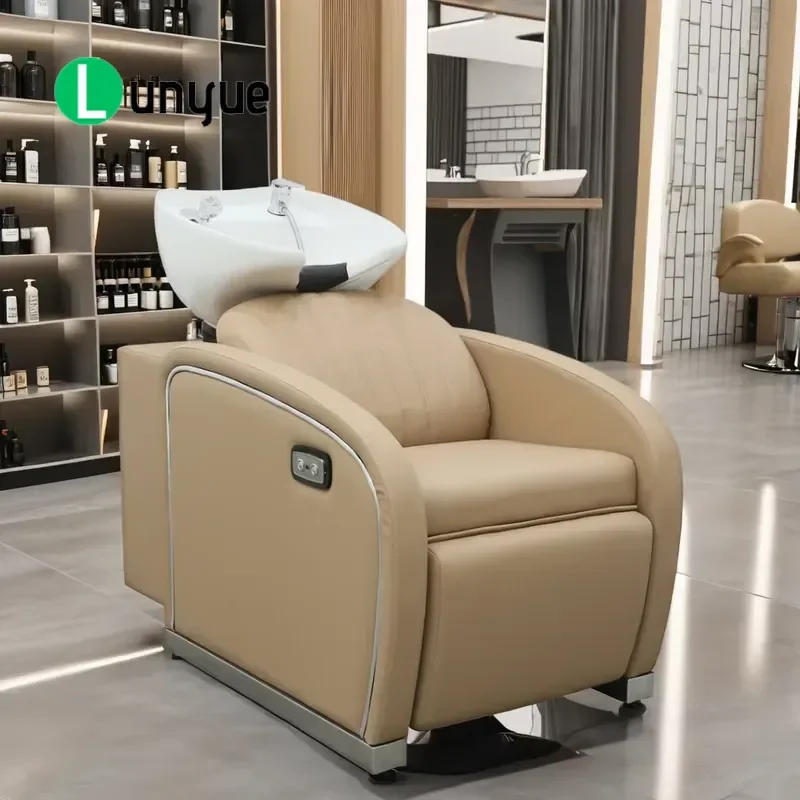 Modern Black Leather Shampoo Chair with Ceramic Basin Stainless Steel Frame High Density Sponge for Hair Washing