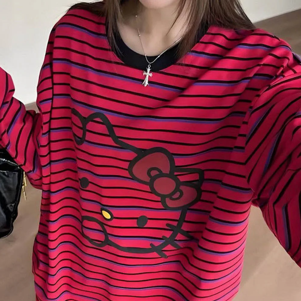 

Хлопковая футболка с длинными рукавами и рисунком «Hello Kitty», универсальные милые аниме-комфортные свободные топы с круглым вырезом и принтом, милые топы для девочек
