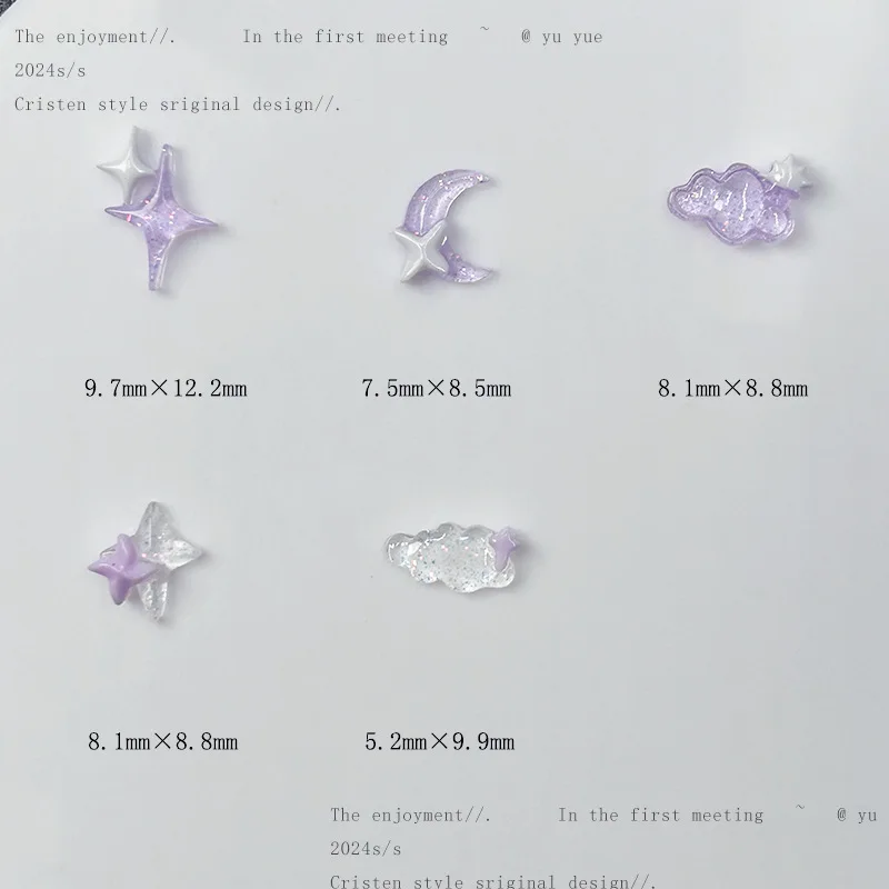 New 50pcs/Bag Purple 3D Lovely Moon Pointed Star Moon Cloud Nail Art Charm Nail Decoration Luminous Ins Style Nail Accessories