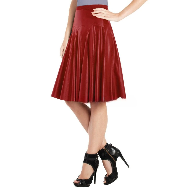 Women Genuine Lambskin Leather Skirt Flare Pleated Party Wear Red Soft Skirt