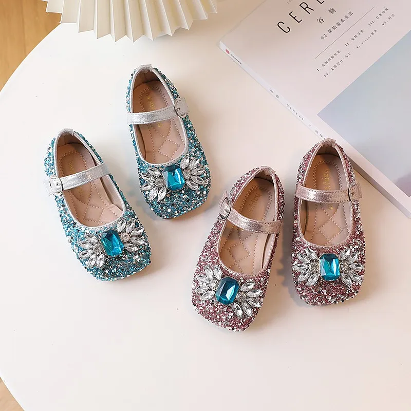 Girls Shoes 2023 Summer New Rhinestones Beautiful Mary Janes Soft Princess Children Shoes for Party Wedding Shows Britain Flats