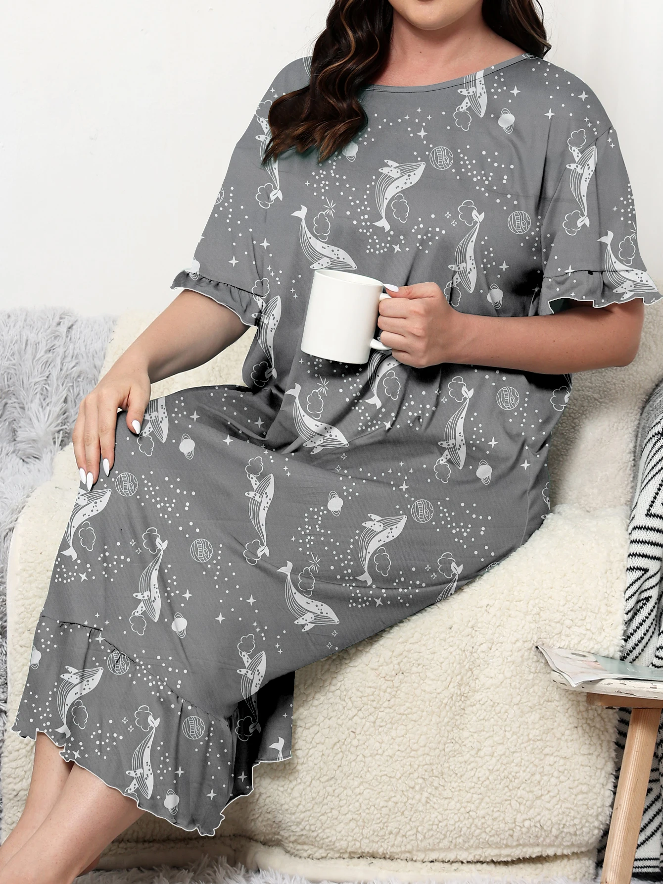 Plus size dress, knee length dress, cartoon style for home and casual wear, can be worn externally. Plus size 1-5XL 2024 new dre