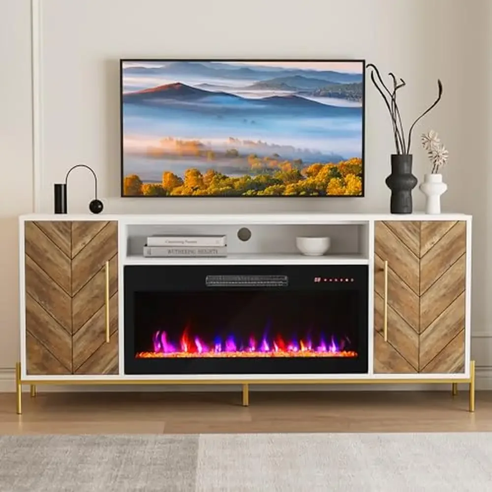 Wood TV Stand Electric Fireplace Storage Cabinet Console Table TVs up to 75 Inches Eco-Friendly Modern Design 16-Color Flame