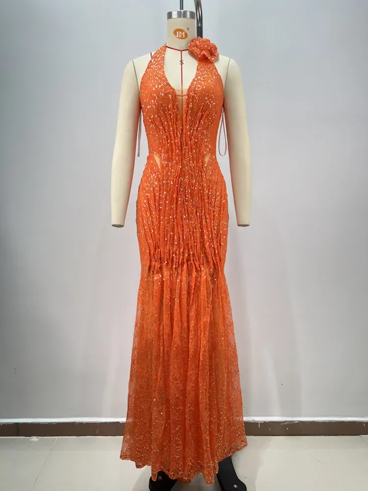 2024 Chicผู้หญิงคนดังเซ็กซี่Backless Halter Sequinsดอกไม้สีส้มMaxiยาวGownsชุดElegant Evening Party Club Vestido