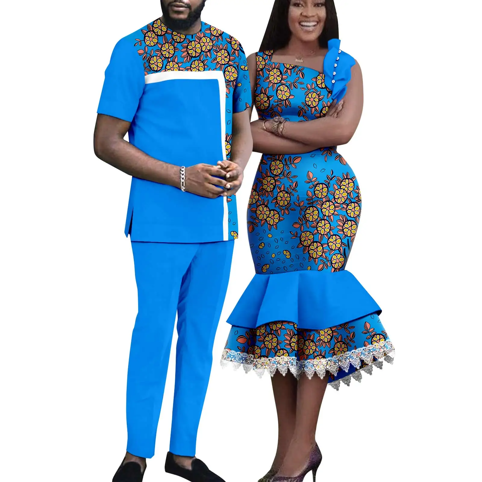African Matching Outfit for Couples Dashiki Summer Women Ruffles Dresses Bazin Riche Men Patchwork Top and Pant Sets Y23C055