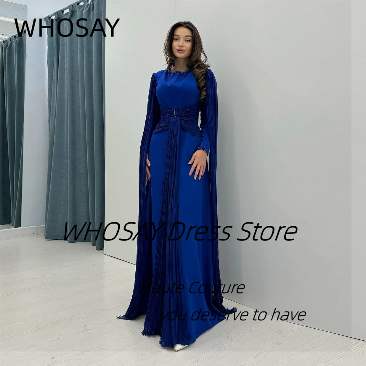 

WHOSAY Elegant Evening Dresses O-Neck Beaded Long Sleeves Prom Dress with Flutters Zipper Back Formal Occasion Vestidos