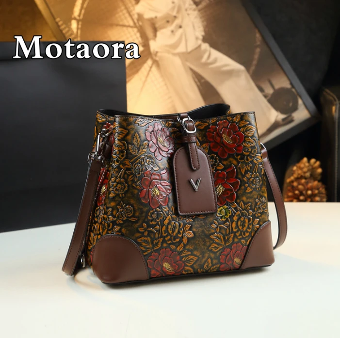 MOTAORA Vintage Women\'s Shoulder Bucket Bag New PU Leather Handbag Versatile Embossed Handmade Crossbody Bags Underarm Package