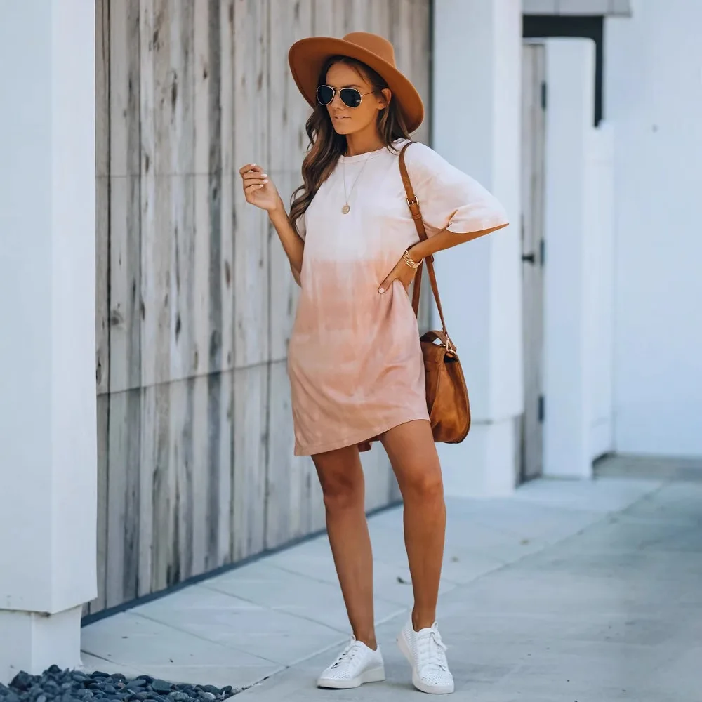 2025 Primavera/Novedad de verano Vestido largo con camiseta cómoda e informal holgada con tinte dibujo Tie 115