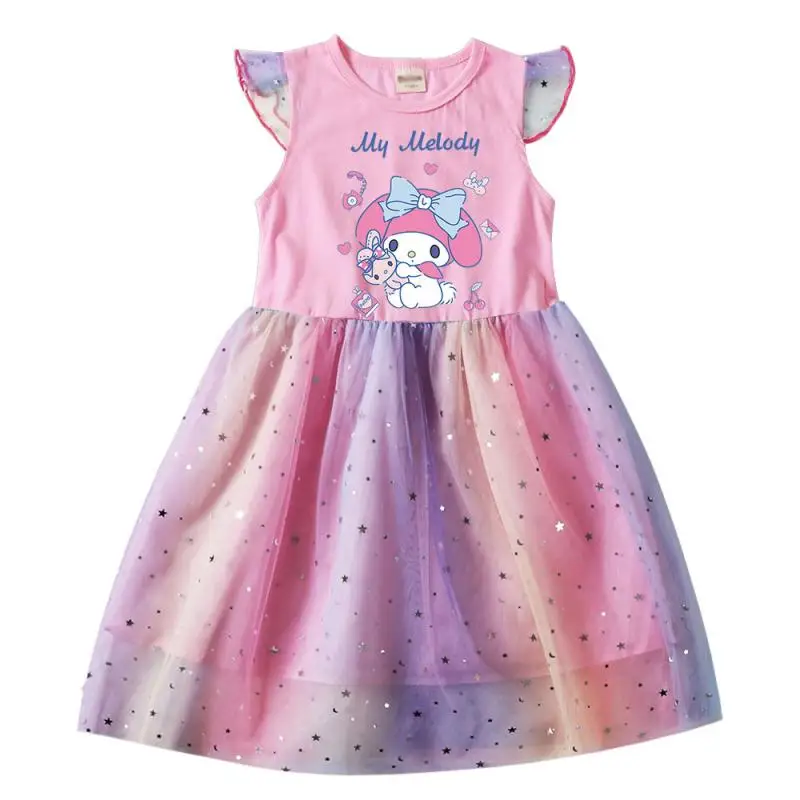 Sanrios My Melody-falda de princesa de Anime Kawaii para niñas, vestido de malla de manga corta, vestido de velo lindo, ropa para niños, Verano