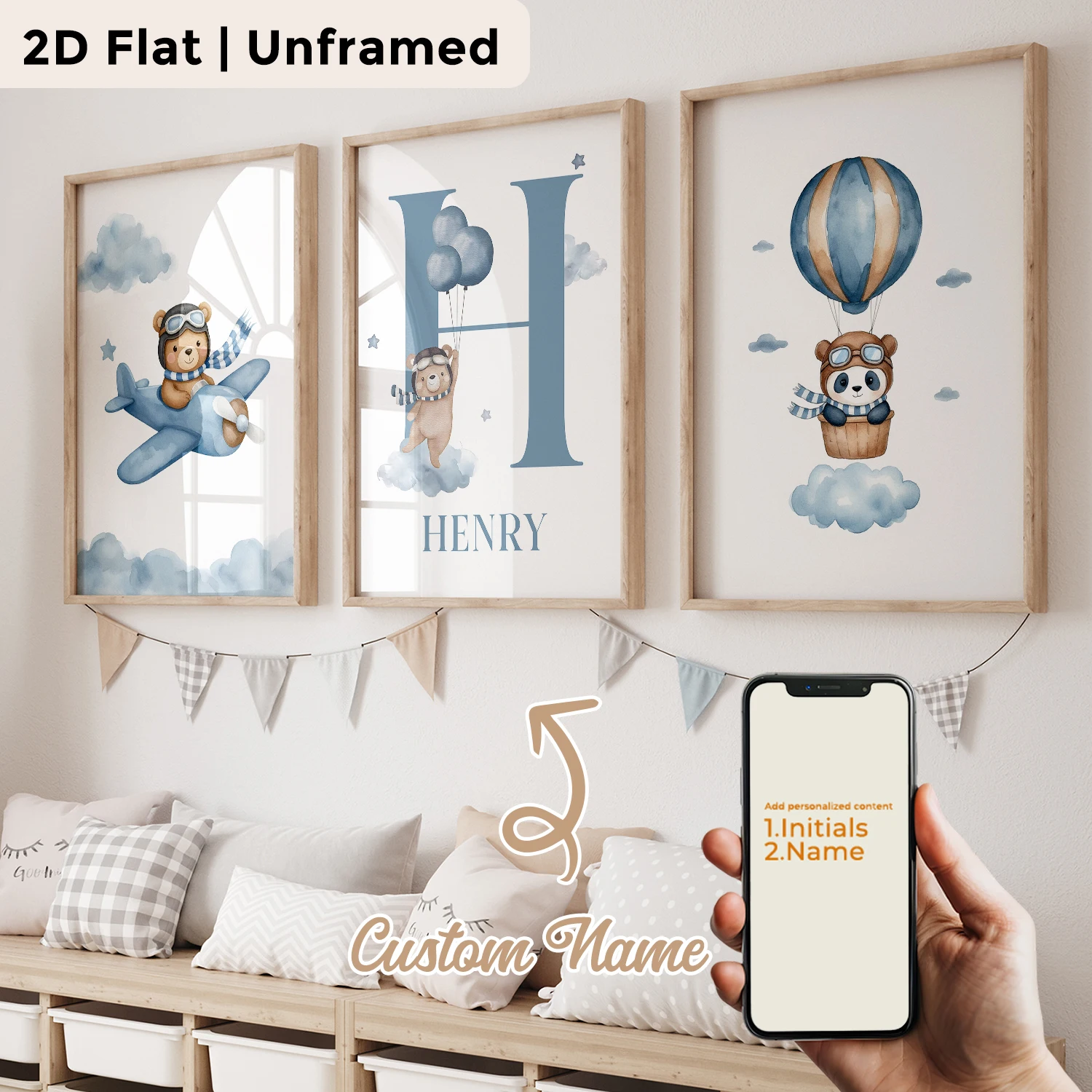 Baby Nursery Prints - 3pcs Personalized Custom Name Cartoon Child