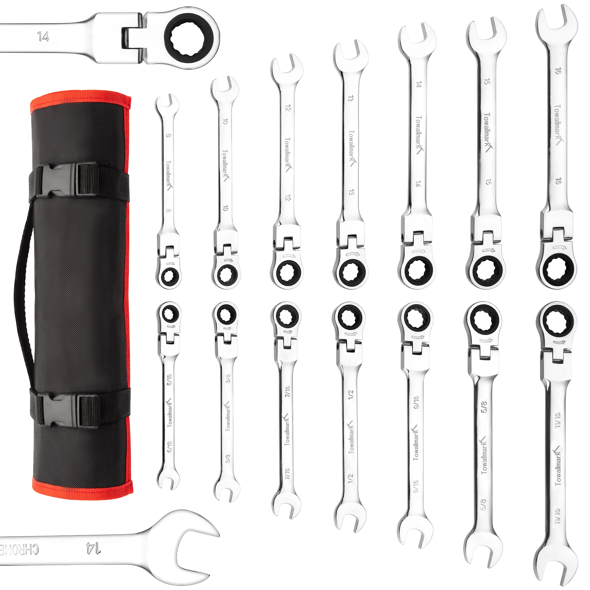 

​14-Piece Flex-Head Wrench Set,Sae 5/16"-11/16""& Metric 8-16mm, 72-Teeth,Cr-V Steel Ratchet Wrenches Set With Storage Bag​​​​