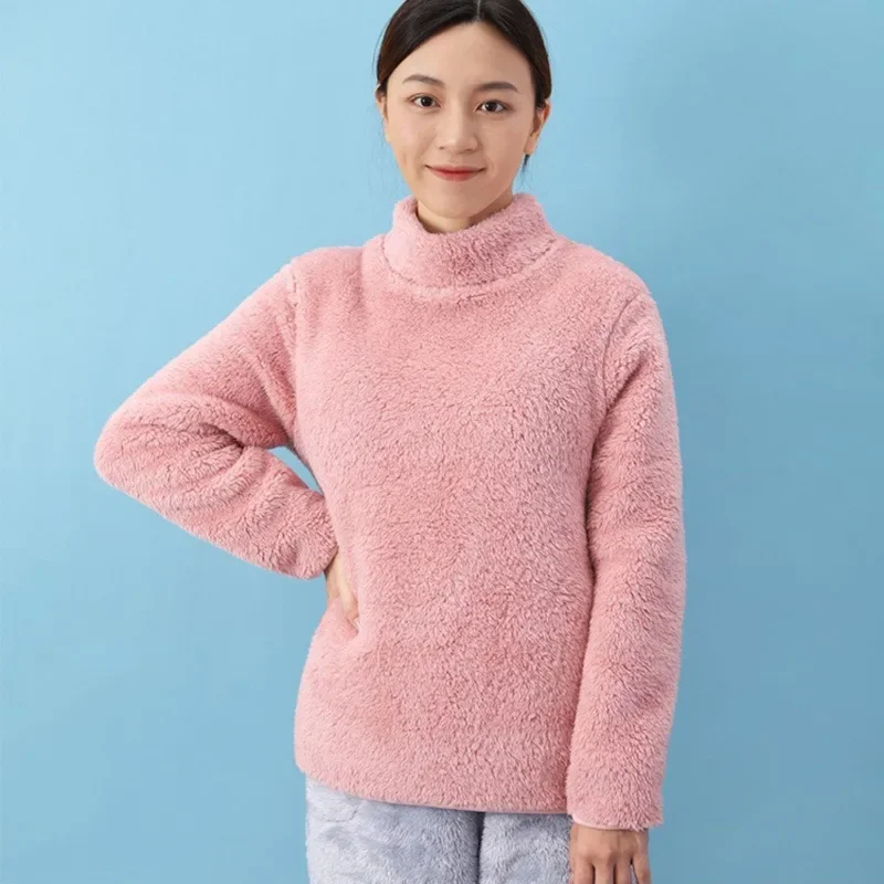 Ropa interior térmica gruesa de lana Coral de doble cara para mujer, jersey de cuello redondo, ropa interior de franela para otoño e invierno