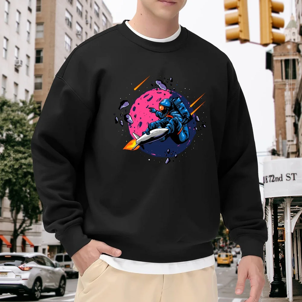 

Men's Black Crewneck Loose Sweatshirt with Astronaut Rocket Print, Street Style Top, Trendy Casual Versatile Style, Comfortable and Breathable Top for Everyday Wear