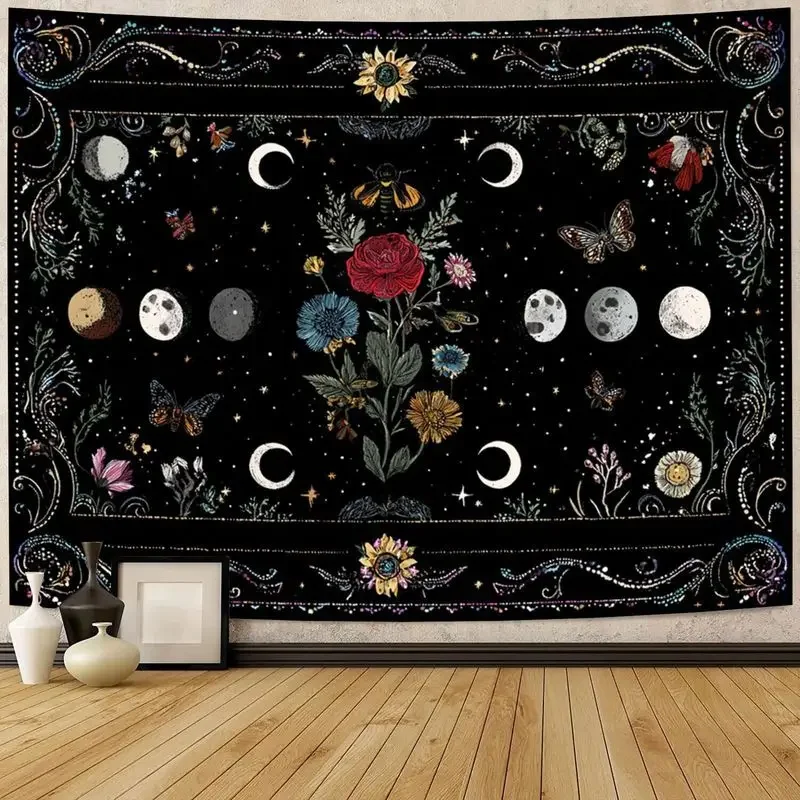 Bohemian Moonphase Flower Butterfly Tapestry Polyester Wall Hanging Living Room Bedroom Yoga Meditation Home Decor