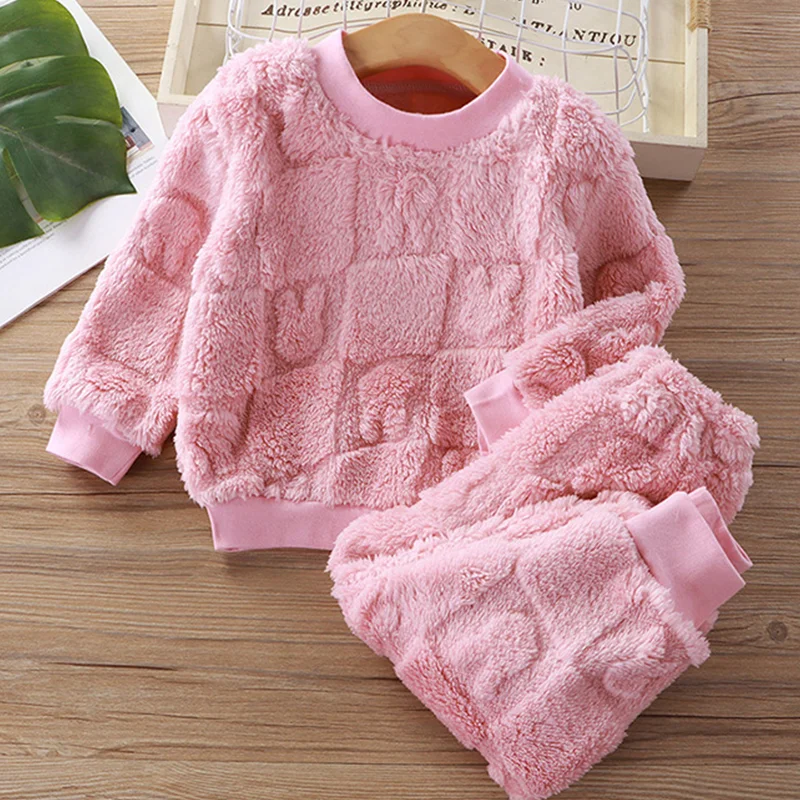 

Two-Piece Autumn Winter Warm Cozy Coral Fleece Clothing Set Long-Sleeved Top+Pants For Kids Girls Boys Casual Pajamas Outfits