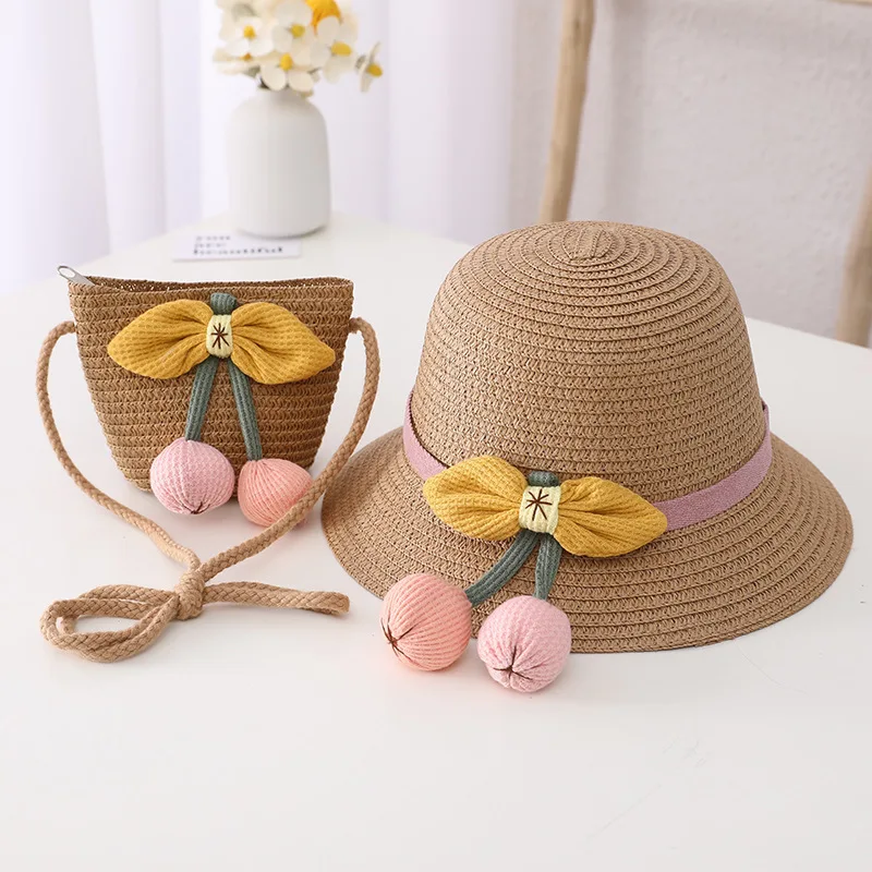 New Summertime Cute Children Straw Hat and Shoulder Bag Girls SummerOutdoor Beach Cap Cute Bow Travel Beach Sun HatCrossbody Bag