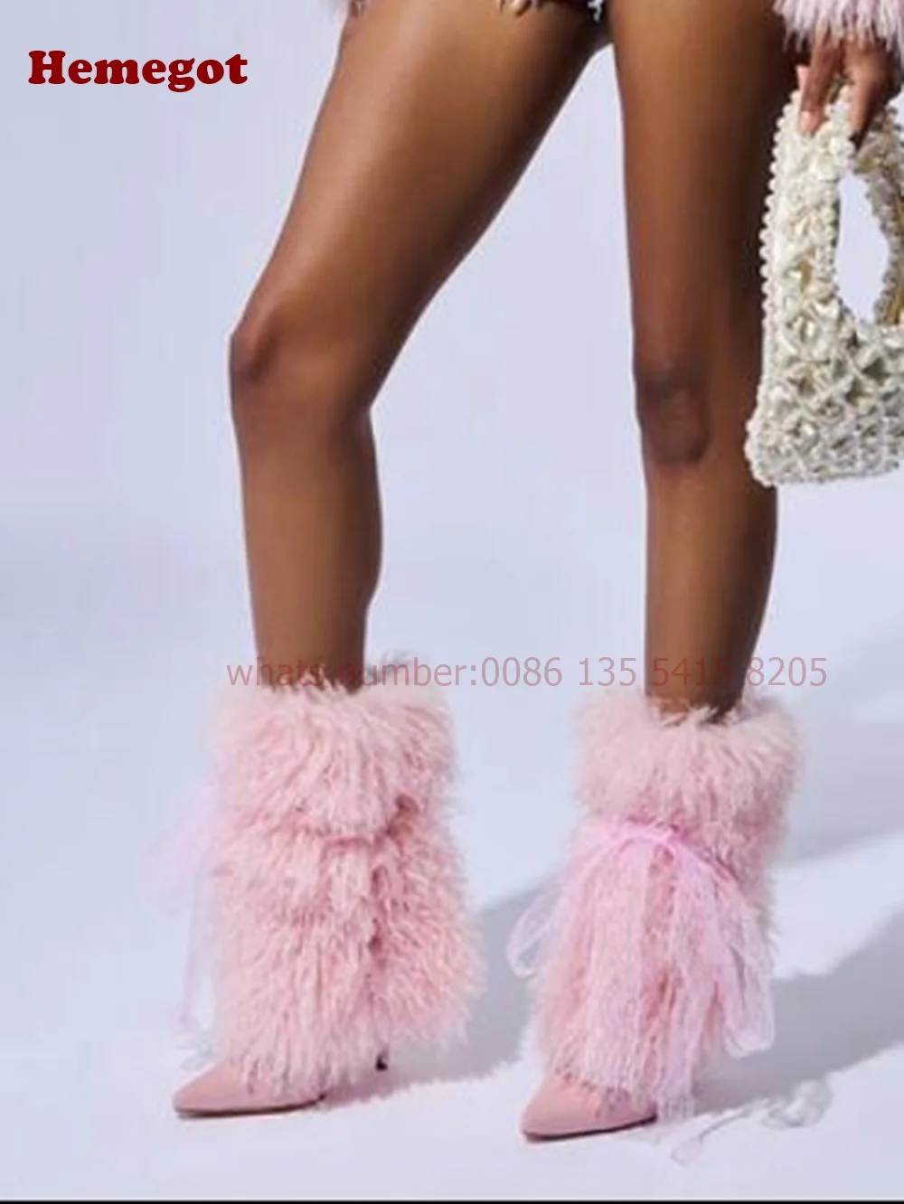 Pink Fur Lace Mid Boots Pointy Toe Stiletto Heels Women's Boots Plush Warm Cute Winter Shoes 2025 New Fluffy Splicing Shoes